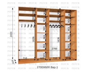 Шафа-купе Pefur 240-270х60х240 чотиридверна (Дзеркало/ДСП)